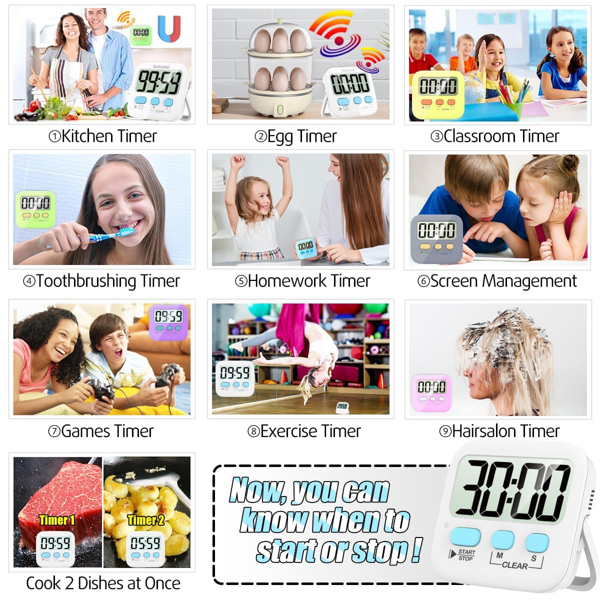 Antonki 2 Pack Digital Timer For Kids, Magnetic Countdown Kitchen Timers For Cooking, Egg, Classroom, Teacher, Exercise, Study,